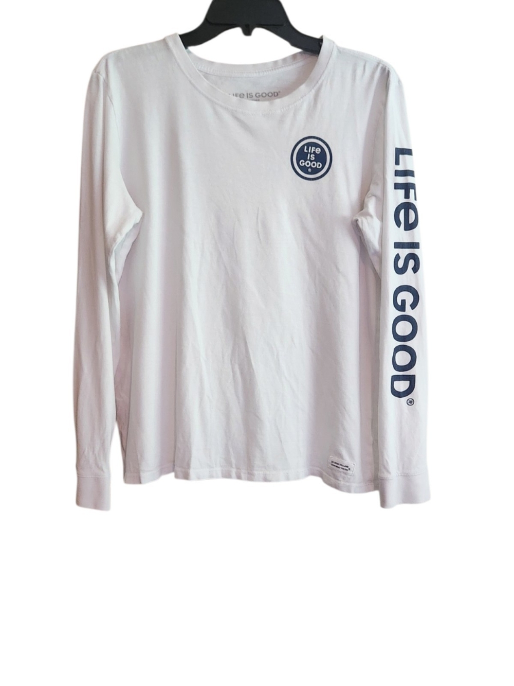 Life Is Good Long Sleeve Crew Neck Tee in White with Navy Logo On Sleeve